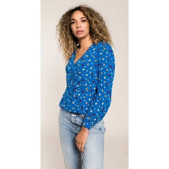 Philosophy ba&sh Lali Blue Floral Viscose V-Neck Long Sleeve Blouse Size Medium - Picture 1 of 8